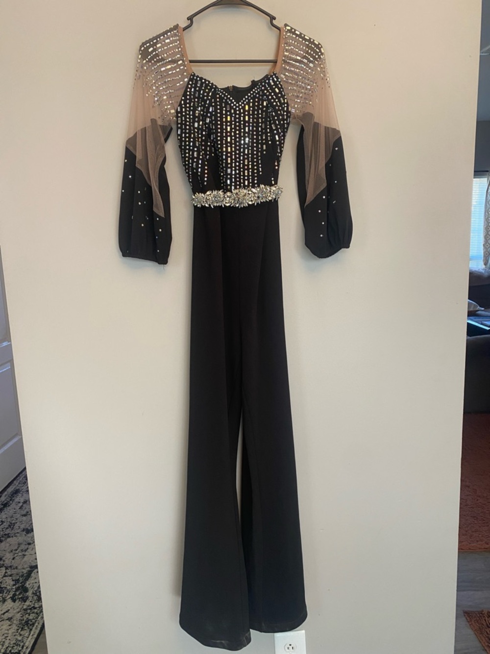 Black Jumpsuit with Embellished Crystal Bodice and Sheer Nude Sleeves